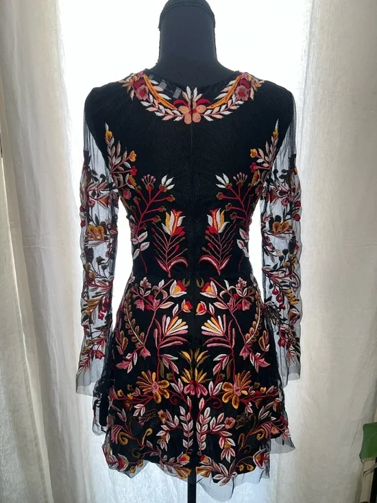 Karina Grimaldi Black Mini Dress with Pink and Gold Floral Embroidery - Picture 2 of 5
